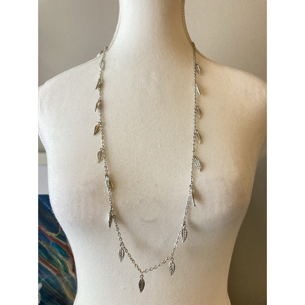 Silver‎ Tone Leaf Charm Necklace Long Chain Boho Nature Dangle Leaves Earthy